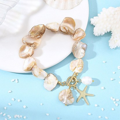 Pulseras con dijes de estrellas de mar de aleación marina, Pulseras de cuentas de pepitas de concha de agua dulce natural para mujer, dorado