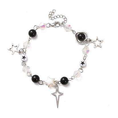 Pulseras de cuentas redondas de piedra sintética negra, con cadena de latón y colgantes de acero inoxidable, estrella