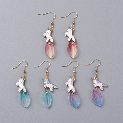 Pendientes colgantes de esmalte de aleación de unicornio, con colgante de cristal y ganchos para pendientes de latón