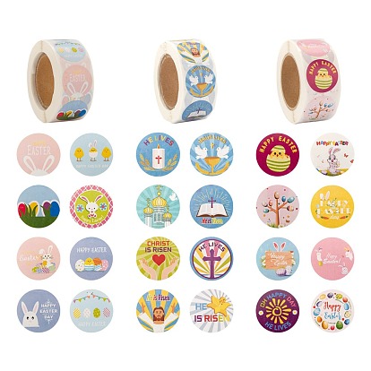 6 Rolls 3 Style Flat Round Easter Theme Pattern Tag Stickers, Self-Adhesive Paper Gift Tag Stickers, for Party Decorative Presents