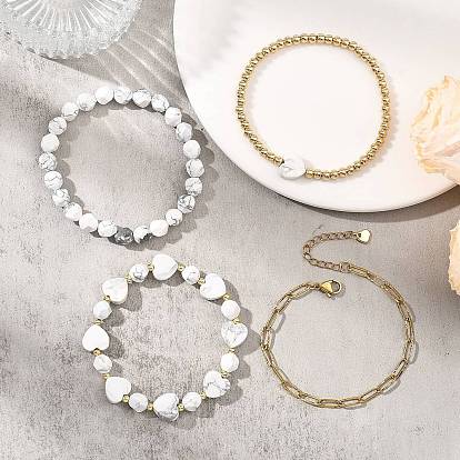 4шт. 4 стили браслетов из натуральных бусин говлита на эластичной основе, 304 браслеты из нержавеющей стали с эластичными звеньями, 304 Набор браслетов из нержавеющей стали в виде цепочки с канцелярской скрепкой для женщин, сердце и круглый