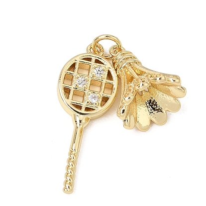 Brass Micro Pave Cubic Zirconia Pendants, Badminton with Racket Charms, Rack Plating, Long-Lasting Plated, Cadmium Free & Lead Free, Real 18K Gold Plated