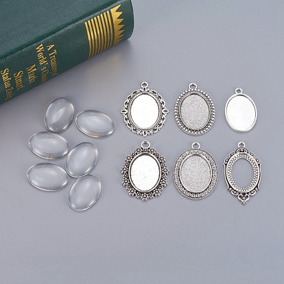 DIY Pendant Making, with Tibetan Style Alloy Pendant Cabochon Settings and Transparent Oval Glass Cabochons