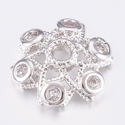Brass Micro Pave Cubic Zirconia Bead Caps, Cadmium Free & Lead Free, 6-Petal, Platinum