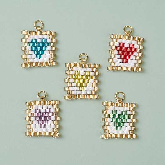 Прямоугольник из бисера с подвесками в виде сердечек, подвески из стеклянных бусин с узором ткацкого станка, с целью перехода в кольце