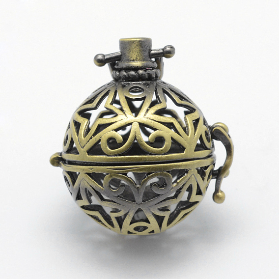 Brass Rack Plating Cage Pendants, For Chime Ball Pendant Necklaces Making, Lead Free & Cadmium Free, Round with Star