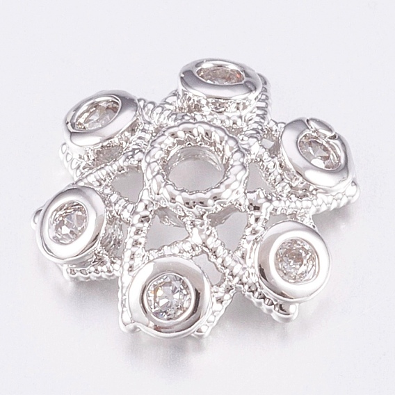 Brass Micro Pave Cubic Zirconia Bead Caps, Cadmium Free & Lead Free, 6-Petal, Platinum