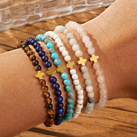 Богемные браслеты из круглых бусин из натуральных и синтетических драгоценных камней, крестовые немагнитные гематитовые бусины растягивающиеся браслеты