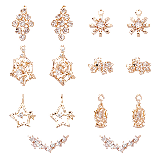 14Pcs 7 Style Brass Micro Pave Clear Cubic Zirconia Pendants, Long-Lasting Plated