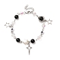 Synthetic Black Stone Round Beaded Bracelets, with Brass Chain and 304 Stainless Steel Pendants, Star