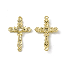 Rack Plating Brass Pave Clear Cubic Zirconia Connector Charms, Religion Cross Links, Brass Jewelry for Women, Cadmium Free & Lead Free, Long-Lasting Plated