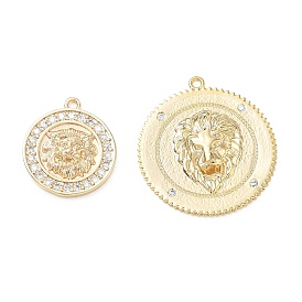 Pendentifs en laiton zircon cubique transparent, rond plat avec breloques lion