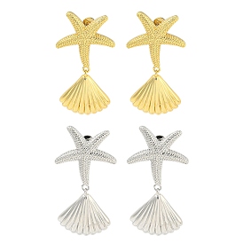 Rack Plating Brass Stud Earrings, with Ear Nuts, Long-Lasting Plated, Starfish & Shell