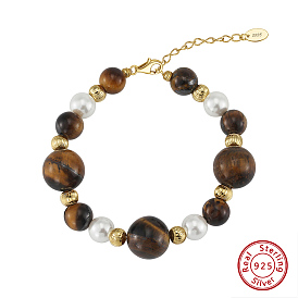 Natural Tiger Eye Beaded Bead Bracelets, Adjustable 925 Sterling Silver Clasps for Women