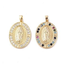 Brass Cubic Zirconia Pendants, Long-Lasting Plated, Oval with Holy Virgin Charms, Golden