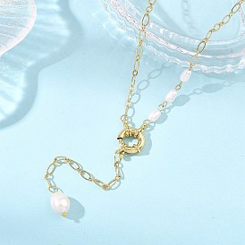 Adjustable 304 Stainless Steel Figaro Chain Natural Pearl Rice Y Tassel Lariat Necklaces for Women, Golden