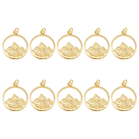 10Pcs Brass Pendants, with Jump Ring, Long-Lasting Plated, Flat Round with Alps Mountain