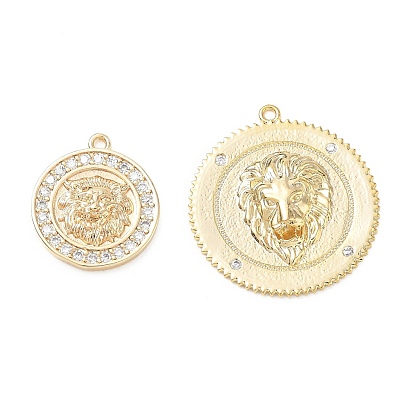 Pendentifs en laiton zircon cubique transparent, rond plat avec breloques lion