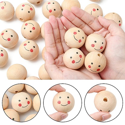 Printed Wood Beads, Large Hole Beads, Round with Smiling Face Pattern, Undyed