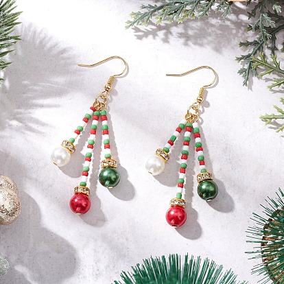 Рождественские стеклянные бусины и стеклянные жемчужины круглые серьги, с  латунными крючками для серег