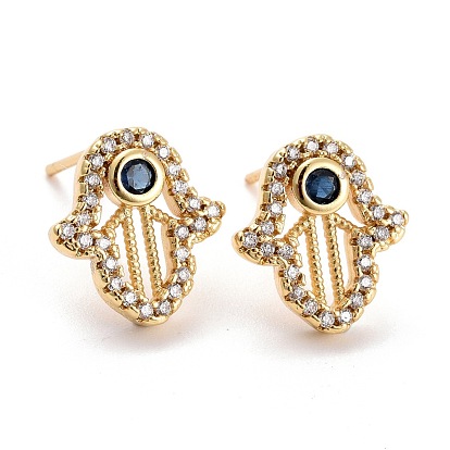 Hamsa Hand Cubic Zirconia Stud Earrings, Real 18K Gold Plated Brass Earrings for Women, Lead Free & Cadmium Free