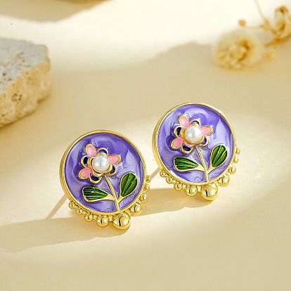 304 Stainless Steel & Imitation Pearl and Enamel Stud Earrings, Flat Round with Flower, Golden