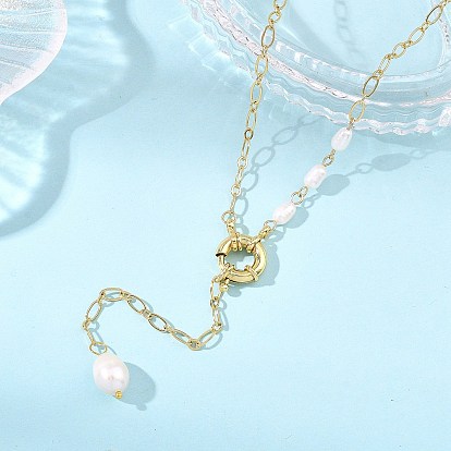 Adjustable 304 Stainless Steel Figaro Chain Natural Pearl Rice Y Tassel Lariat Necklaces for Women, Golden