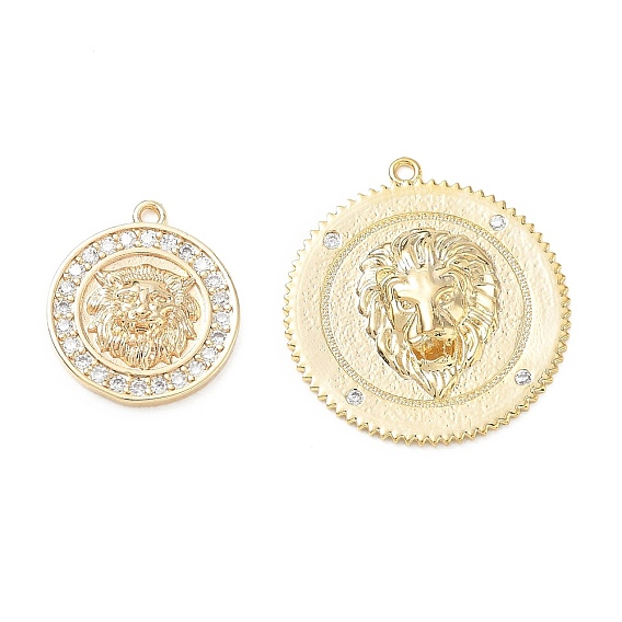 Brass Micro Pave Clear Cubic Zirconia Pendants, Flat Round with Lion Charms