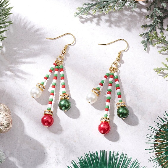 Рождественские стеклянные бусины и стеклянные жемчужины круглые серьги, с  латунными крючками для серег