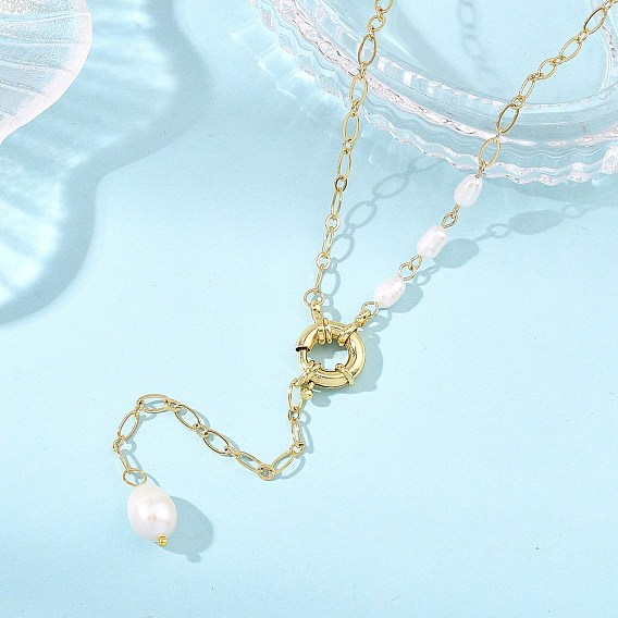 Adjustable 304 Stainless Steel Figaro Chain Natural Pearl Rice Y Tassel Lariat Necklaces for Women, Golden