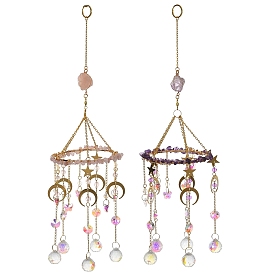Natural Gemstone Chips Hanging Suncatcher, Metal Moon Star and Glass Round Charms for Window Prism Wall Decor