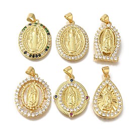 Rack Plating Brass Micro Pave Clear Cubic Zirconia Pendants, Long-Lasting Plated, Cadmium Free & Lead Free, Virgin Mary Charms, Real 18K Gold Plated
