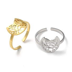 304 Stainless Steel Open Cuff Ring, Hollow Butterfly & Moon Phase