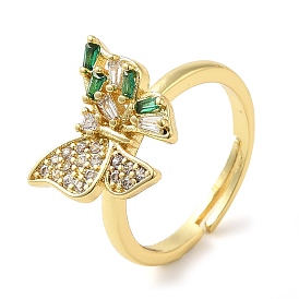 Rack Plating Brass Micro Pave Cubic Zirconia Finger Ring,  Long-Lasting Plated, Cadmium Free & Lead Free, Butterfly