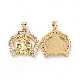 Brass Micro Pave Clear Cubic Zirconia Pendants, Arch with Virgin Mary