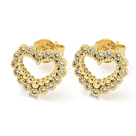 Hollow Heart Real 18K Gold Plated Brass Stud Earrings, with Cubic Zirconia