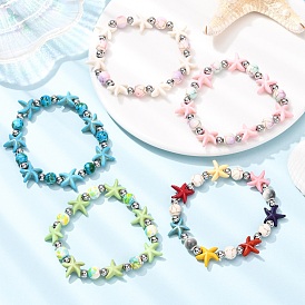 5Pcs Round & Starfish Synthetic Turquoise Beads & Brass Beads Stretch Bracelets Sets