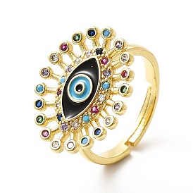 Colorful Cubic Zirconia Evil Eye with Enamel Adjustable Ring, Brass Jewelry for Women