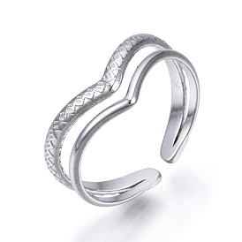 304 Stainless Steel Heart Open Cuff Ring, Double Line Ring for Women