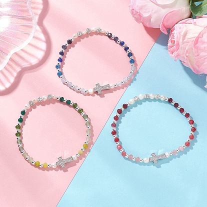 Браслеты из окрашенного натурального малазийского нефрита в форме ронделей и культивированного пресноводного жемчуга, выполненные из эластичной ткани., Женские украшения с крестом из латуни с микропаве из кубических цирконий