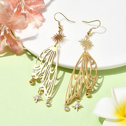 Sun & Butterfly Brass Chandelier Earrings, Cubic Zirconia Long Drop Earrings
