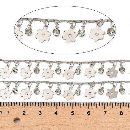 Rack Plating Brass Flower Link Chains, with Clear Glass Charms, Long-Lasting Plated, Soldered, with Spool