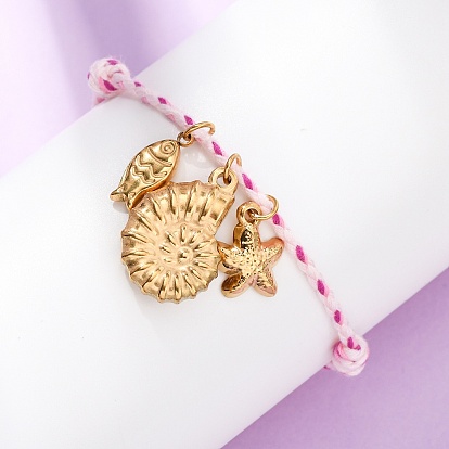 304 из нержавеющей стали шарм браслеты, плетеные браслеты из полиэфирного волокна для женщин, рыба, раковина и морская звезда