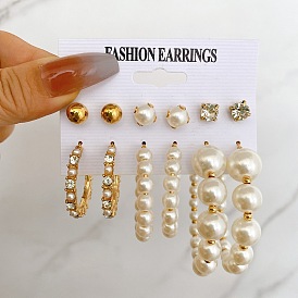 Vintage Pearl Earring Set with 6 Pairs of Diamond Studs for Women - Creative, Minimalist and Elegant Ear Hoops and Ear Rings