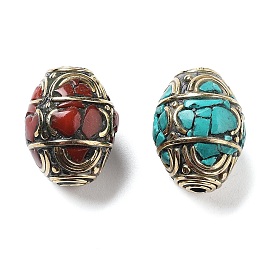 Handmade Tibetan Style Beads, with Brass Findings and Synthetic Turquoise, Oval, Antique Golden