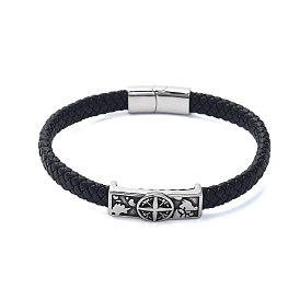 Men's Braided Black PU Leather Cord Bracelets, Compass 304 Stainless Steel Link Bracelets with Magnetic Clasps