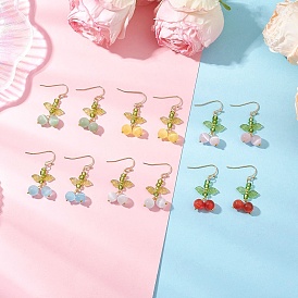 6 Pairs Cat Eye Dangle Earrings, Cherry, with Transparent Acrylid and Glass, Golden