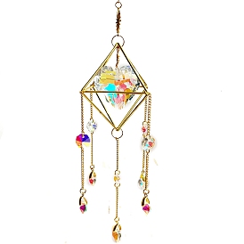 Rhombus Brass with Iron Chain Hanging Ornaments, Glass Heart & Octagon Tassel Suncatchers for Garden Outdoor Hanging Decorations, Golden