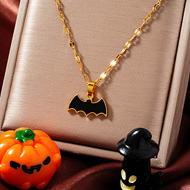 Stainless Steel Enamel Halloween Bat Pendant Dapped Chain Necklaces, Golden