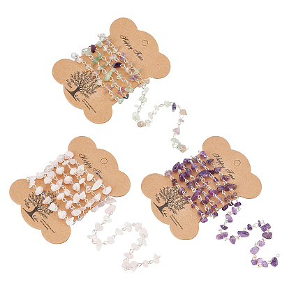 3 Cadenas de cuentas de chips de piedras preciosas hechas a mano para hacer collares y pulseras, con ojo de hierro plateado color pi